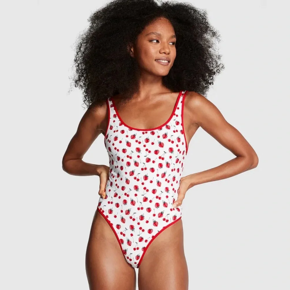 Pink by Frankie's Bikinis Marlow One-Piece Swimsuit Cherry Strawberry Large NWT